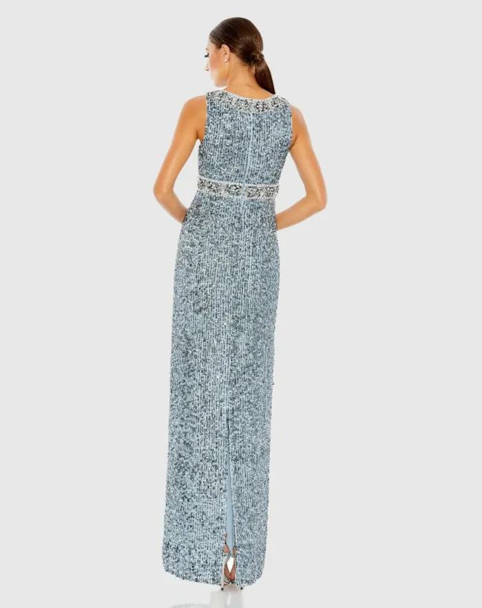 Evening Gowns Sequined Sleeveless Embellished Neckline Gown Slate Blue Mac Duggal Women