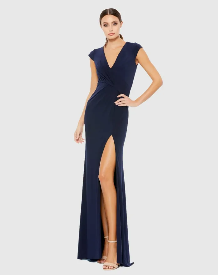 Evening Gowns VNeck Ruched Jersey Gown Navy 8211 Mac Duggal Women