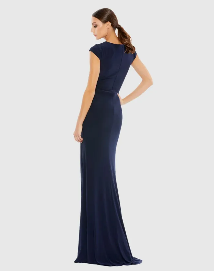 Evening Gowns VNeck Ruched Jersey Gown Navy 8211 Mac Duggal Women