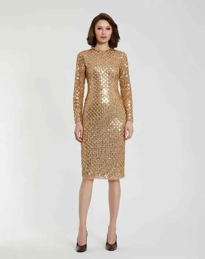 Every Day Dresses Beaded Georgette Long Sleeve Fitted Midi Dress Antique Gold Mac Duggal Women Every Day Dresses Beaded Georgette Long Sleeve Fitted Midi Dress Antique Gold Mac Duggal Women