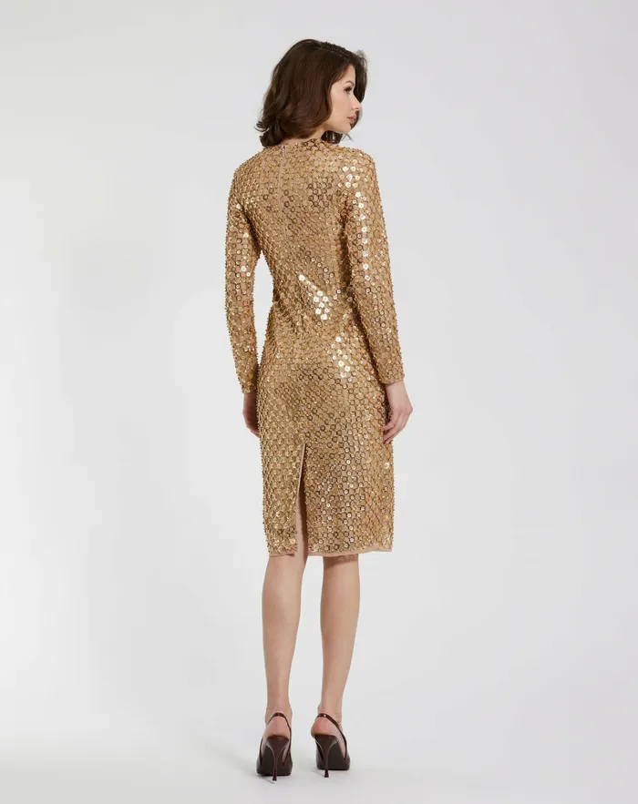 Every Day Dresses Beaded Georgette Long Sleeve Fitted Midi Dress Antique Gold Mac Duggal Women