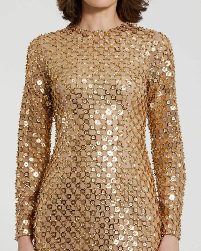 Every Day Dresses Beaded Georgette Long Sleeve Fitted Midi Dress Antique Gold Mac Duggal Women