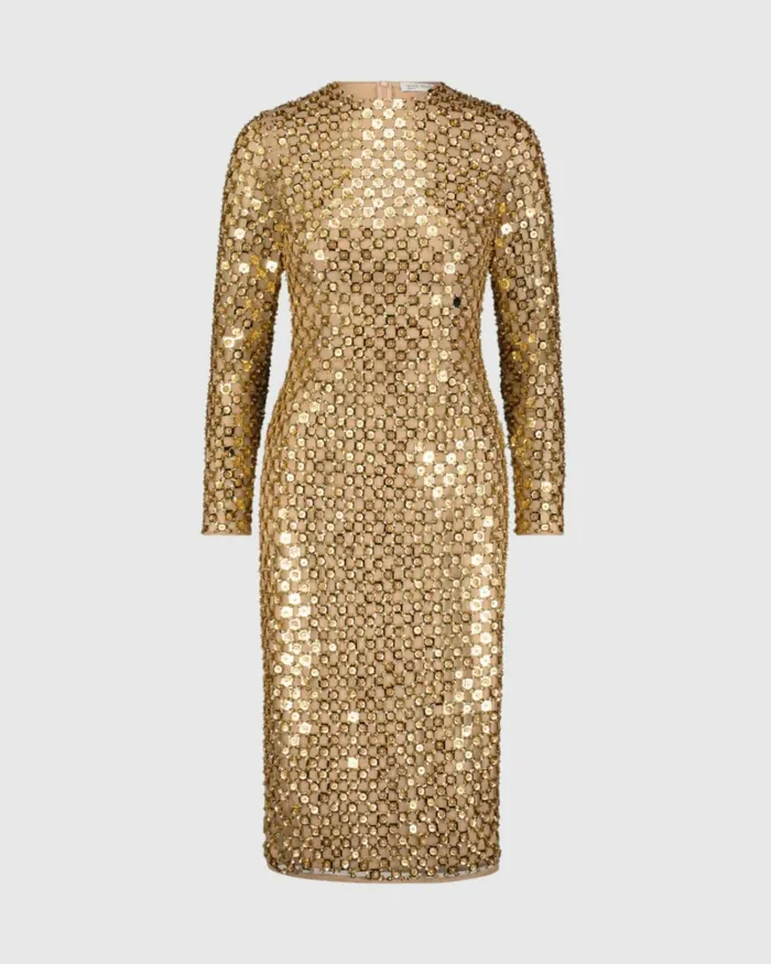 Every Day Dresses Beaded Georgette Long Sleeve Fitted Midi Dress Antique Gold Mac Duggal Women
