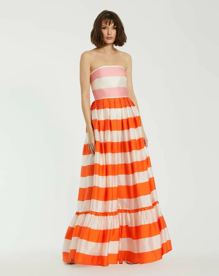 Every Day Dresses Women Striped Organza Strapless Ruffle Maxi Dress Sunset Mac Duggal