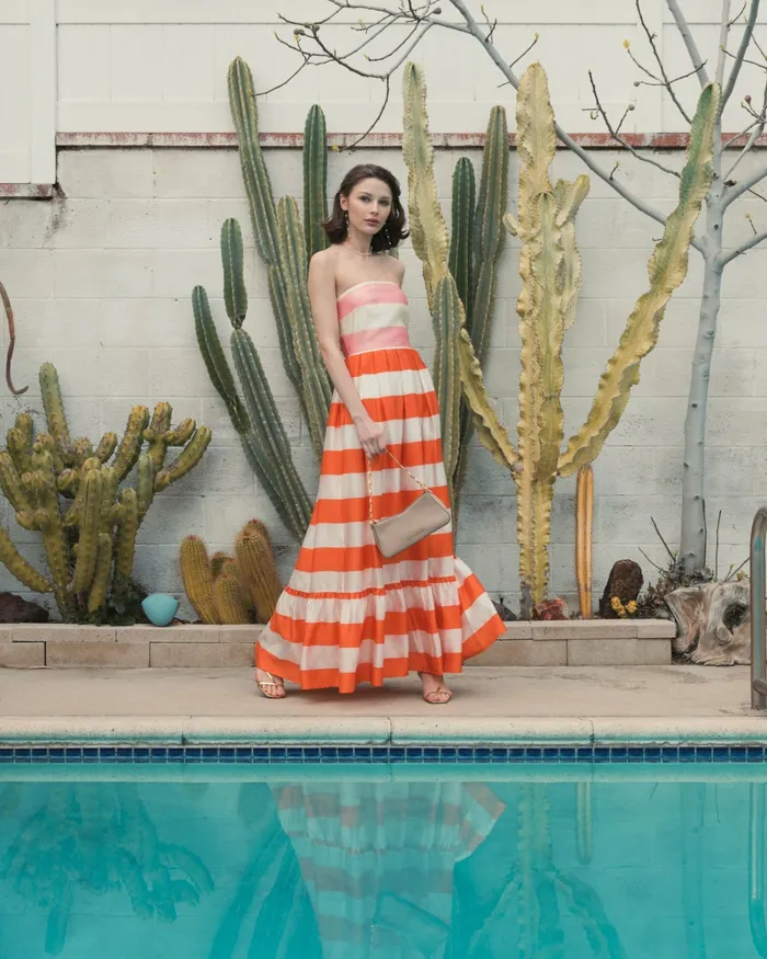 Every Day Dresses Women Striped Organza Strapless Ruffle Maxi Dress Sunset Mac Duggal