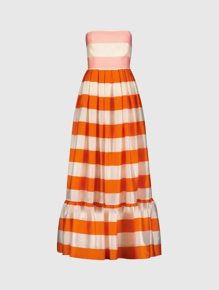 Every Day Dresses Women Striped Organza Strapless Ruffle Maxi Dress Sunset Mac Duggal