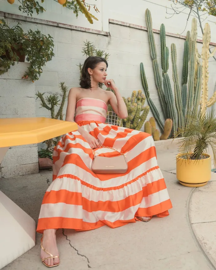 Every Day Dresses Women Striped Organza Strapless Ruffle Maxi Dress Sunset Mac Duggal