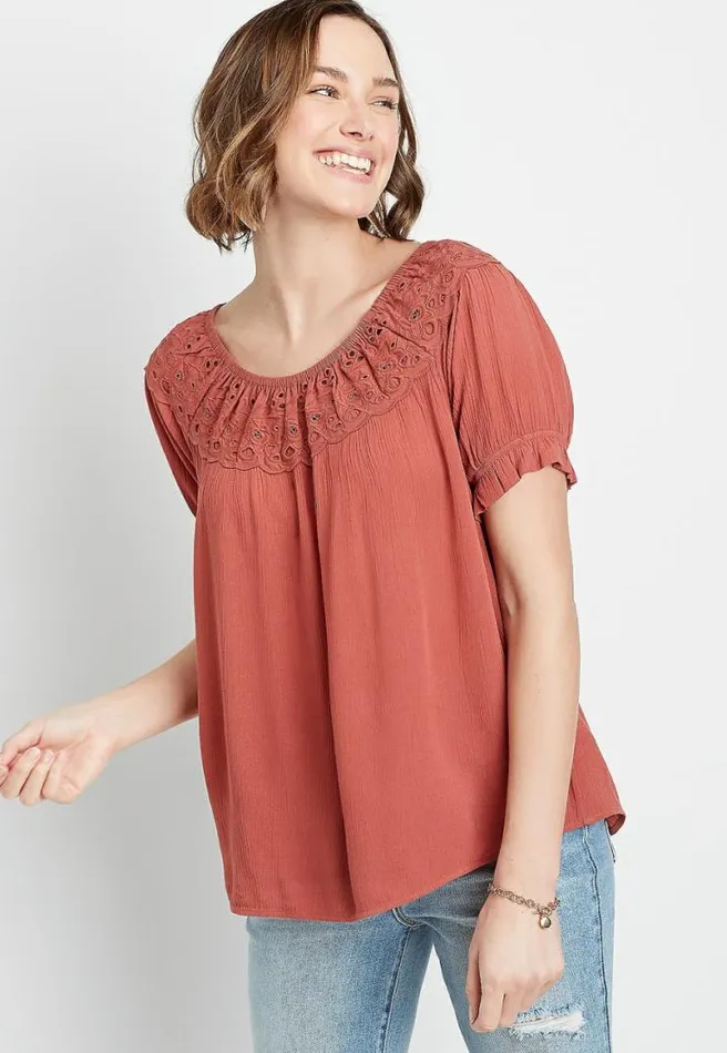 Eyelet Peach Short Sleeve Top Women Maurices Tops