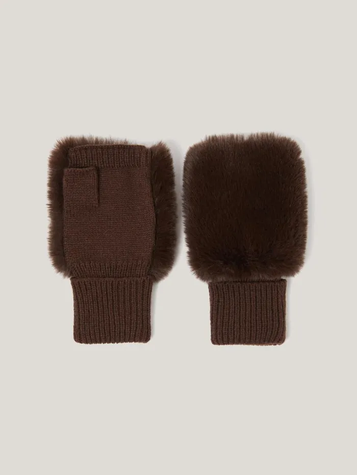 Faux Fur Mittens Chocolate Women Jigsaw Hats and Gloves