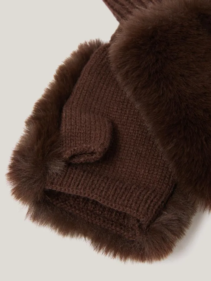 Faux Fur Mittens Chocolate Women Jigsaw Hats and Gloves