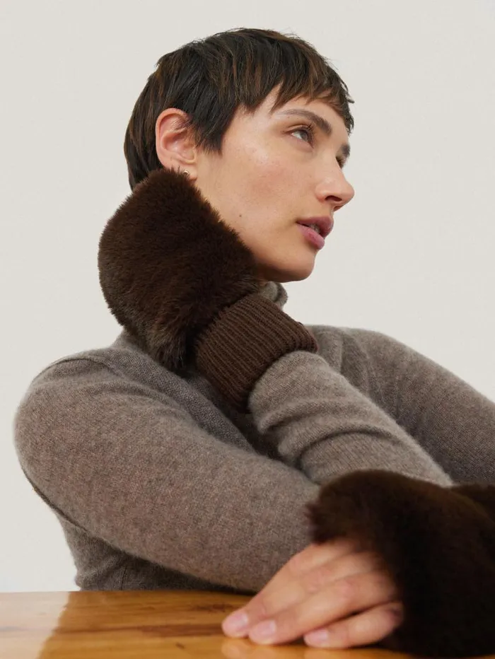 Faux Fur Mittens Chocolate Women Jigsaw Hats and Gloves