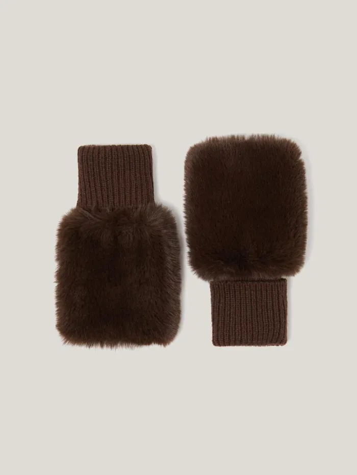 Faux Fur Mittens Chocolate Women Jigsaw Hats and Gloves