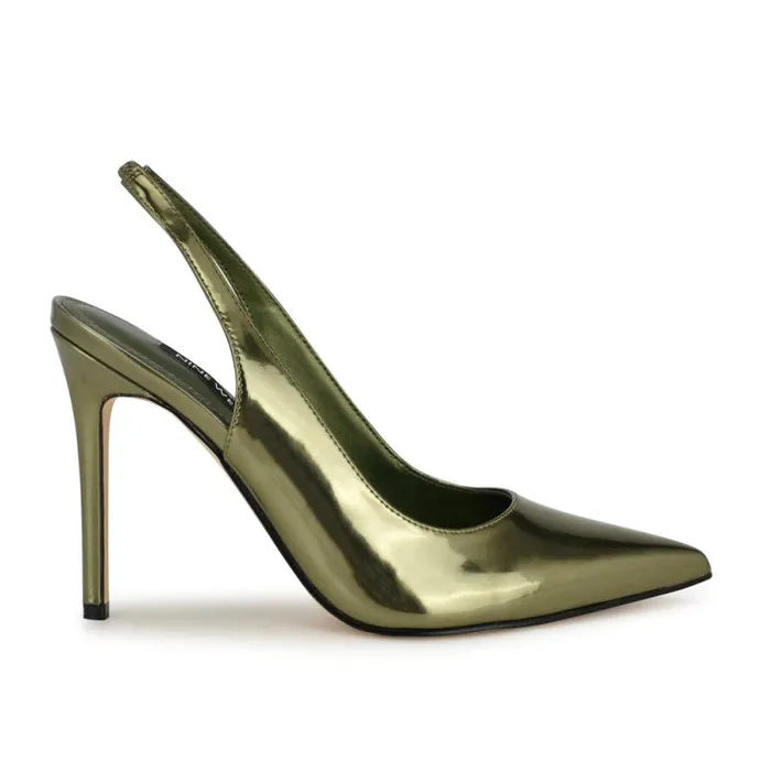 Feather Pointy Toe Slingback Pumps Green Metallic Women Nine West Heels