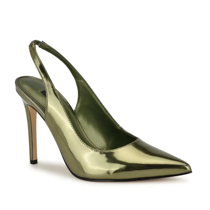 Feather Pointy Toe Slingback Pumps Green Metallic Women Nine West Heels Feather Pointy Toe Slingback Pumps Green Metallic Women Nine West Heels