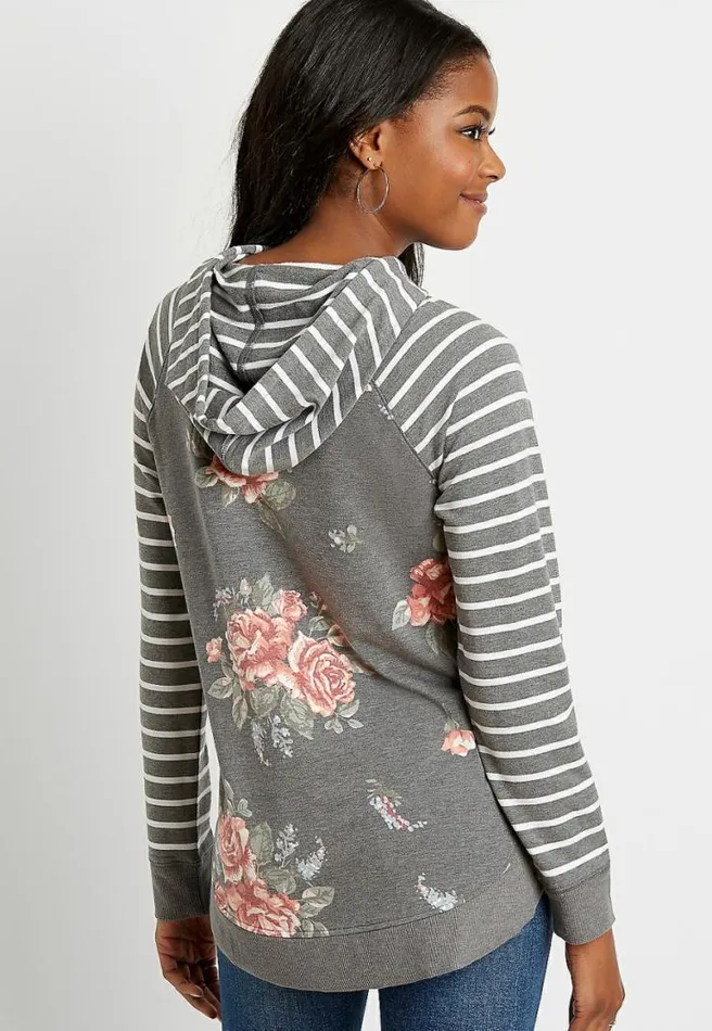 Floral Stripe Round Hem Pullover Hoodie Women Maurices Tops