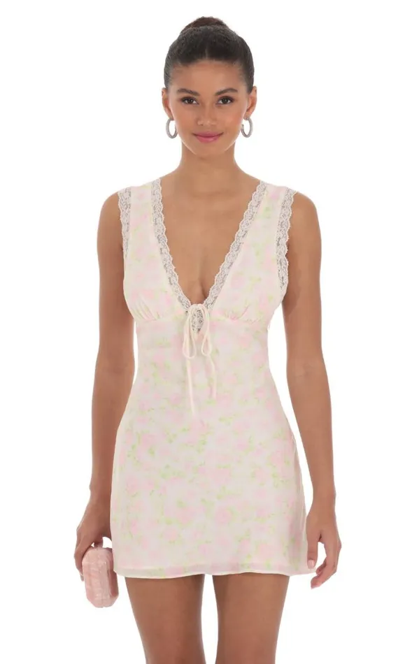 Floral VNeck Dress Pastel Pink Women LUCY IN THE SKY Mini Dresses