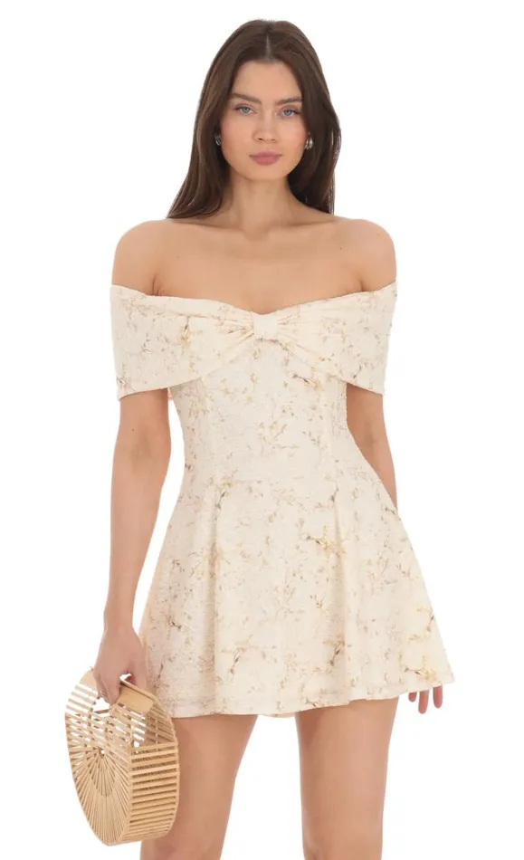 Front Bow Floral Off Shoulder Dress Cream Women LUCY IN THE SKY Mini Dresses