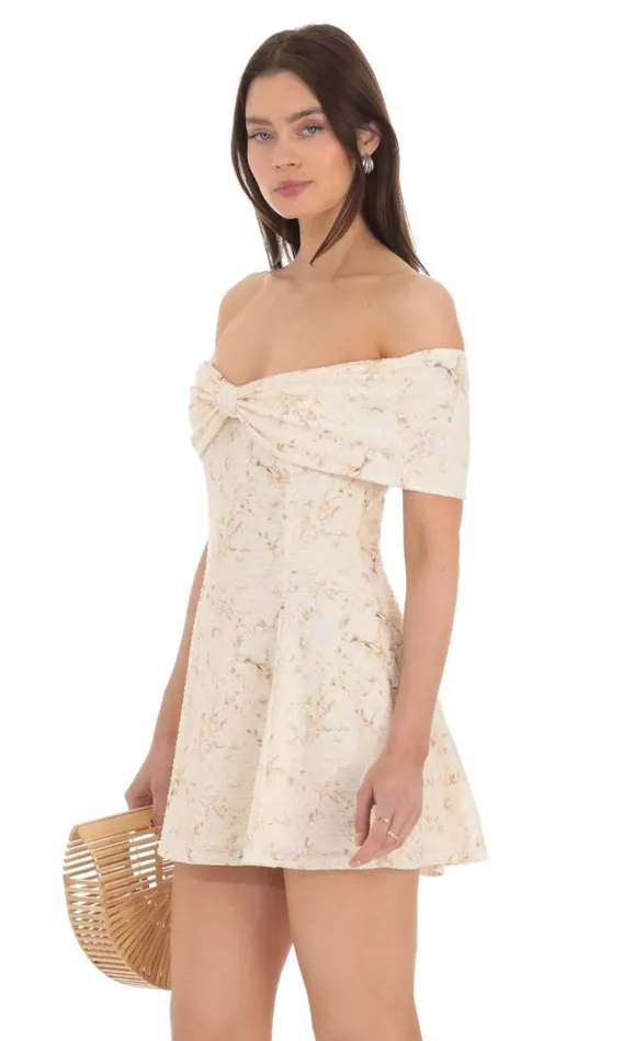 Front Bow Floral Off Shoulder Dress Cream Women LUCY IN THE SKY Mini Dresses Front Bow Floral Off Shoulder Dress Cream Women LUCY IN THE SKY Mini Dresses