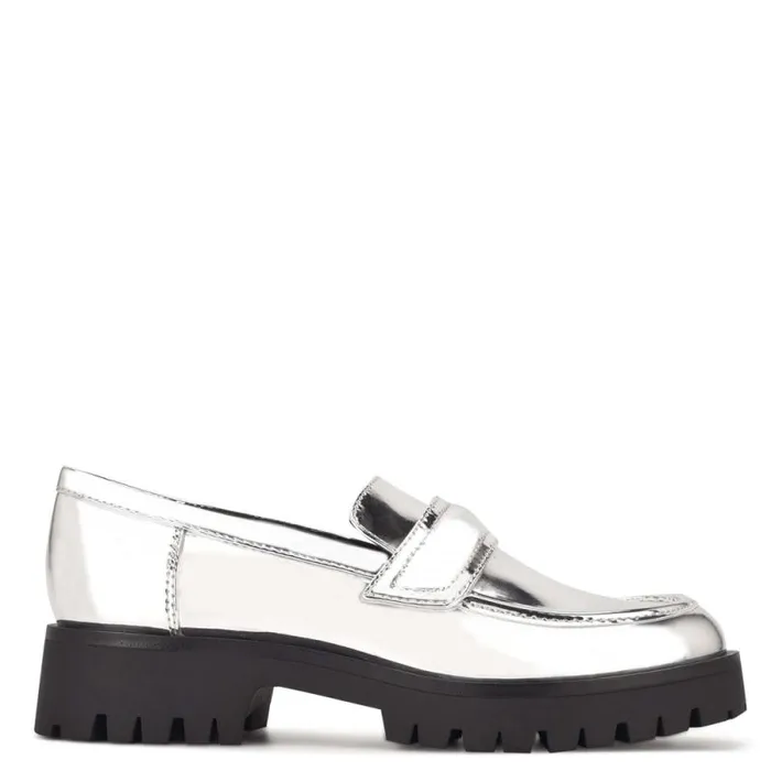 Garren Lug Sole Loafers Silver Women Nine West Flats