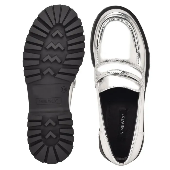 Garren Lug Sole Loafers Silver Women Nine West Flats Garren Lug Sole Loafers Silver Women Nine West Flats