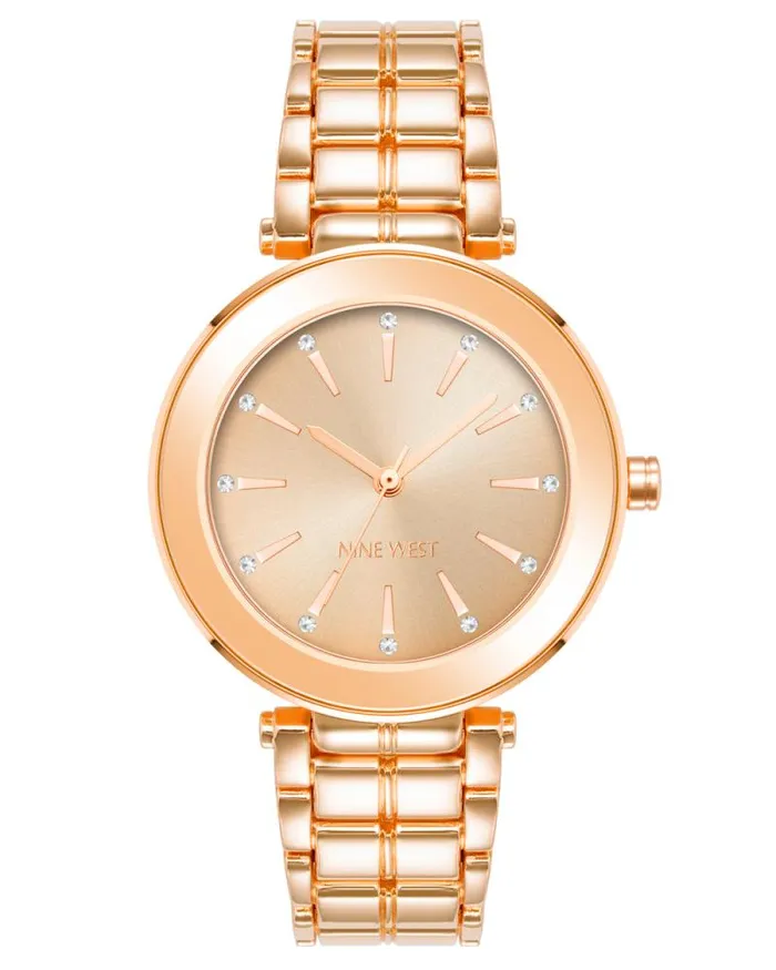 Genuine Crystal Accented Bracelet Watch Rose Gold Women Nine West Straps