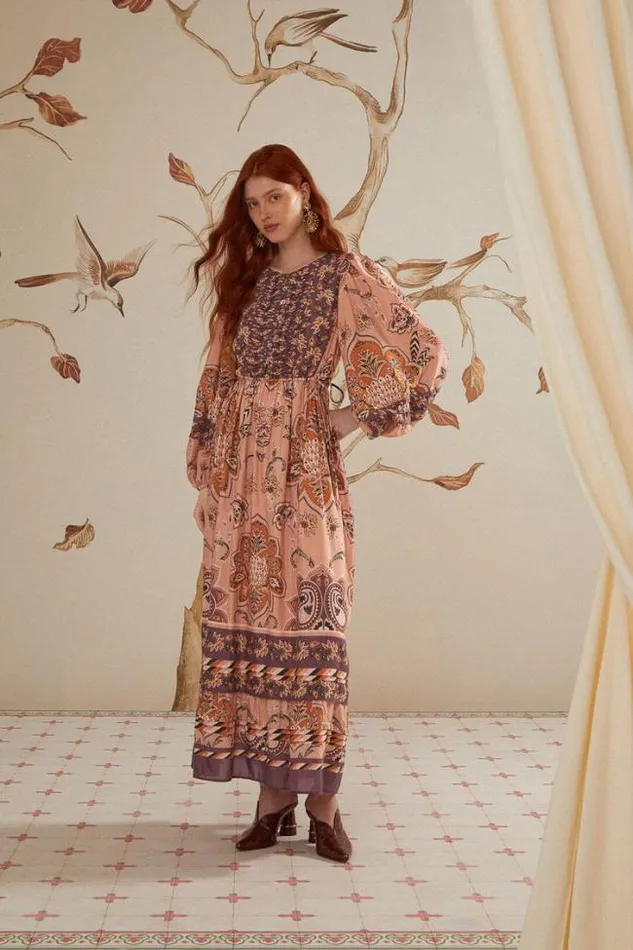 Glam Tapestry Burgundy Long Sleeve Maxi Dress Women FARM Rio Maxi Dresses