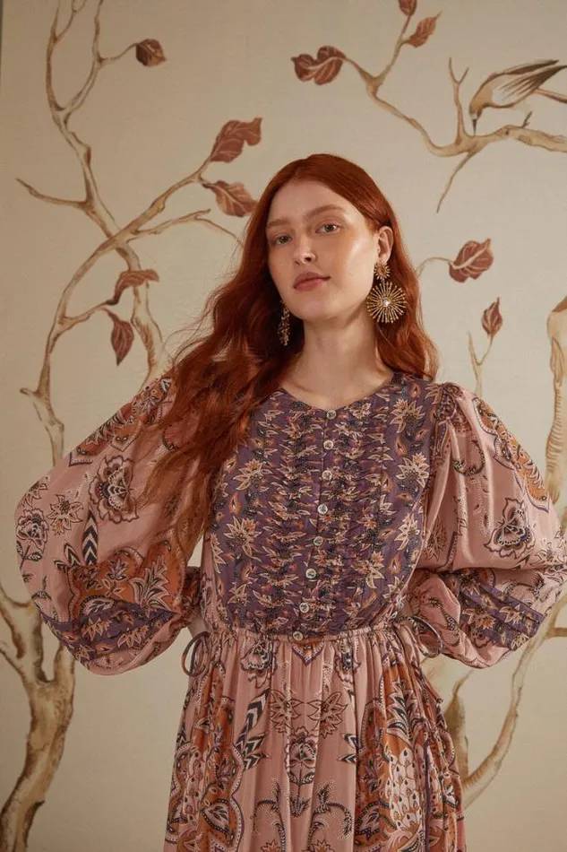 Glam Tapestry Burgundy Long Sleeve Maxi Dress Women FARM Rio Maxi Dresses