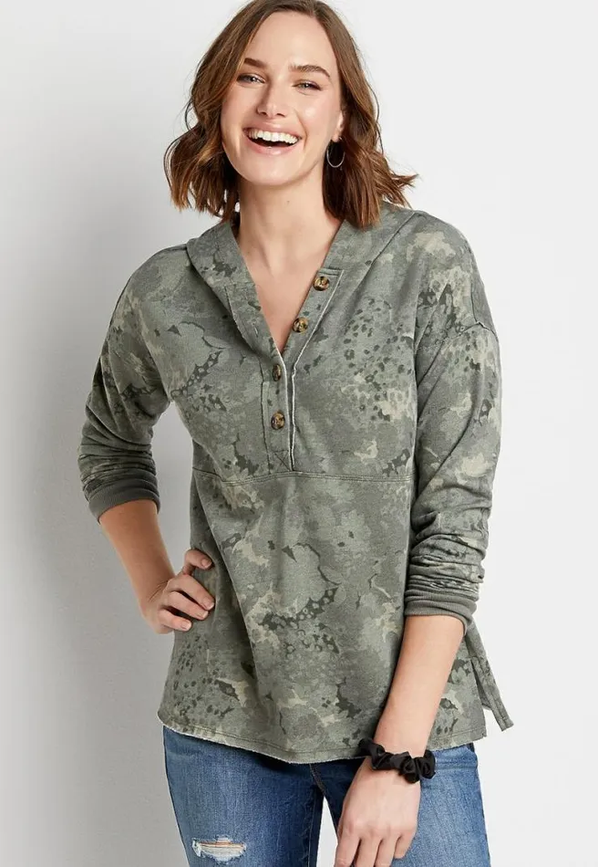 Green Camo Floral Button Front Hoodie Women Maurices Tops