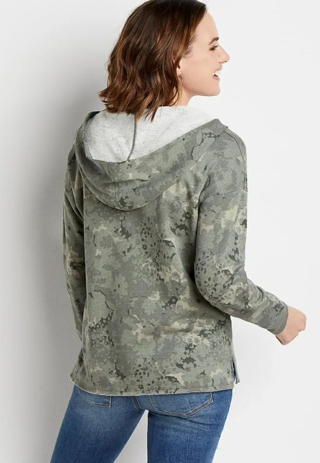 Green Camo Floral Button Front Hoodie Women Maurices Tops