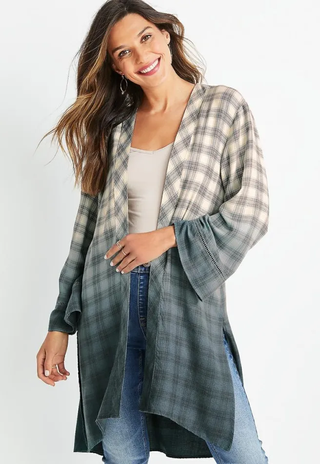 Grey Plaid Duster Kimono Women Maurices Tops