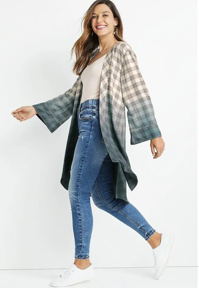 Grey Plaid Duster Kimono Women Maurices Tops