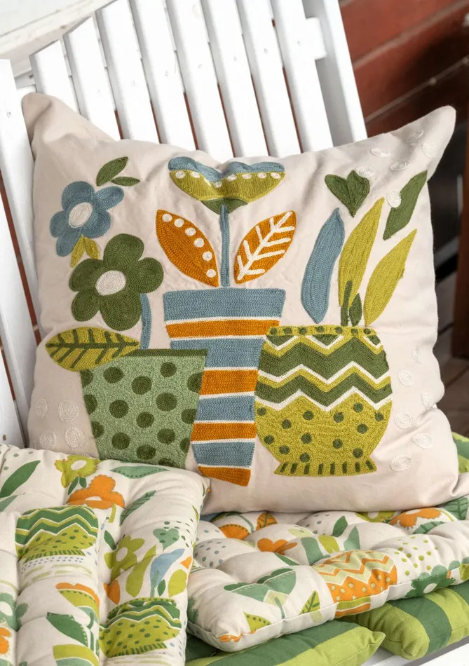 Gudrun Sjdn Flower Pots Embroidered Cushion Cover In Organic Cotton Women Bedroom