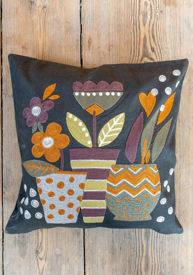 Gudrun Sjdn Flower Pots Embroidered Cushion Cover In Organic Cotton Women Bedroom