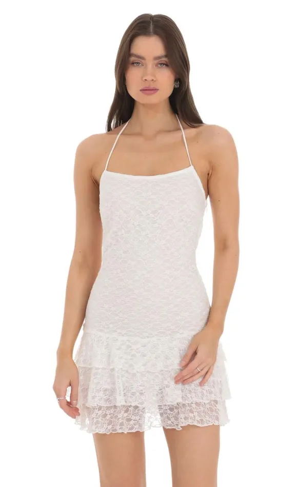 Halter Lace Ruffle Dress White Women LUCY IN THE SKY Mini Dresses Halter Lace Ruffle Dress White Women LUCY IN THE SKY Mini Dresses