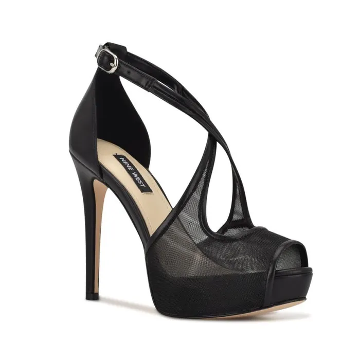 Hanya Peep Toe Platform Pumps Black Mesh Women Nine West Heels Hanya Peep Toe Platform Pumps Black Mesh Women Nine West Heels
