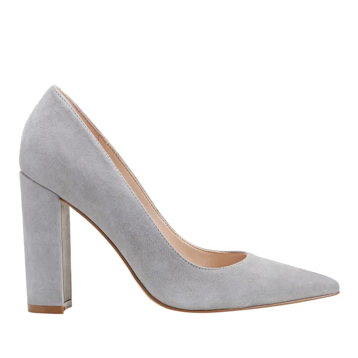 Heels and Pumps Marc Fisher Women Abilene Block Heel Pointy Toe Pump Light Grey Suede