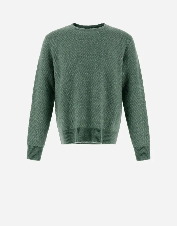 Herno RESORT SWEATER IN HERRINGBONE ALPACA JACQUARD Olive Green Men Knitwear
