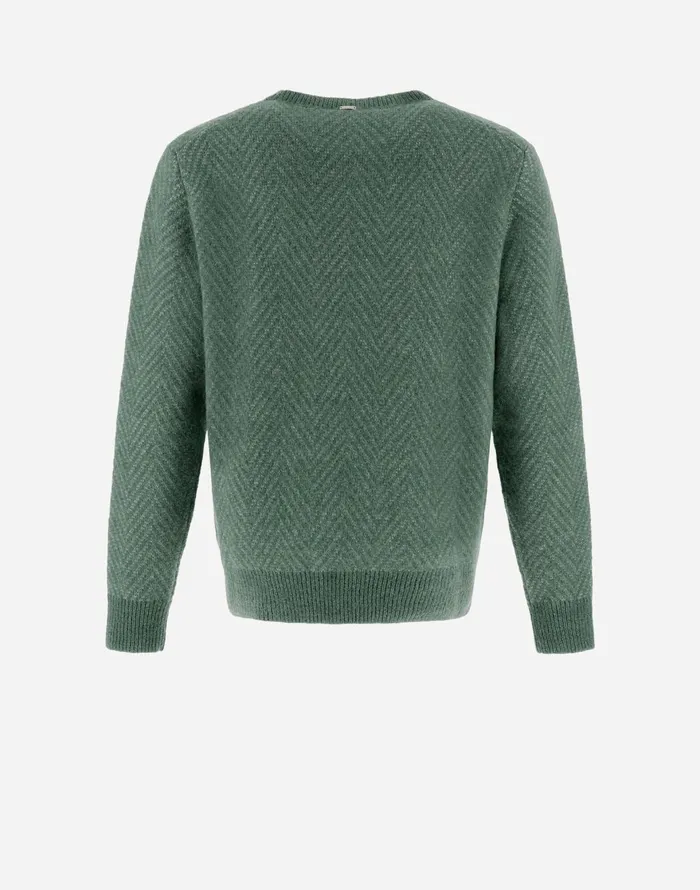 Herno RESORT SWEATER IN HERRINGBONE ALPACA JACQUARD Olive Green Men Knitwear