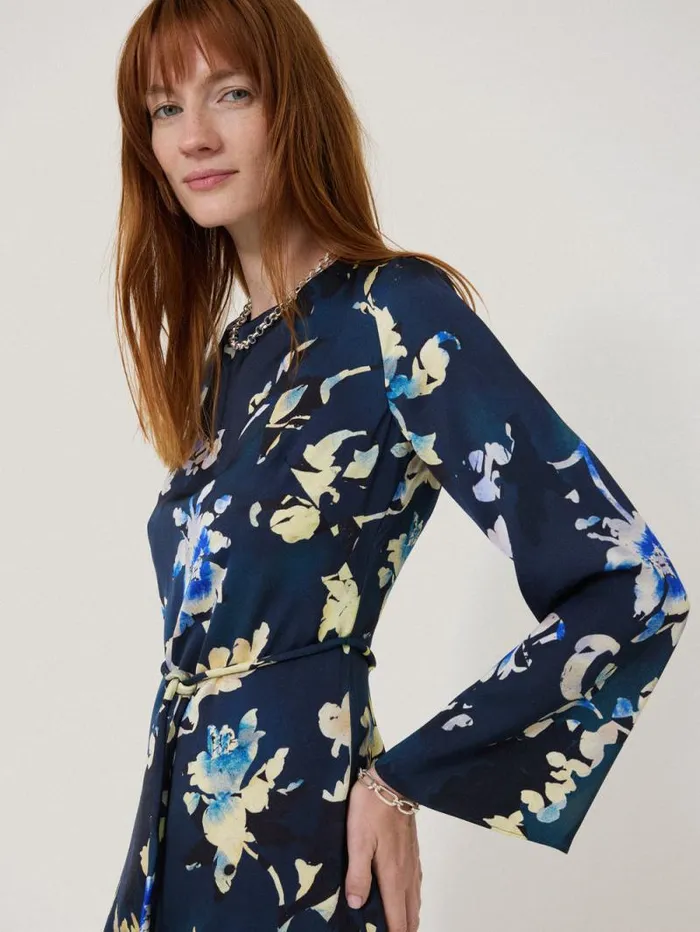 Hidden Floral Satin Dress Navy Women Jigsaw Party