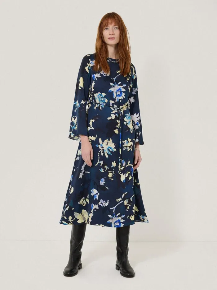 Hidden Floral Satin Dress Navy Women Jigsaw Party