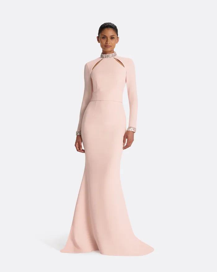 Icons Women Kamala Pale Pink and Mirror Disc Embroidery Long Dress Pale Pink Safiyaa