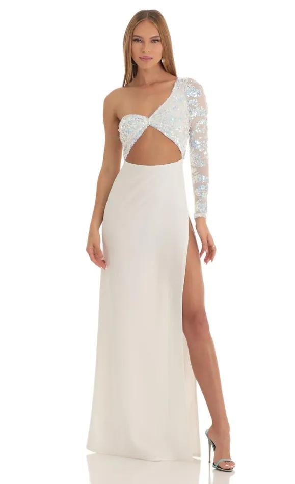 Iridescent Sequin One Shoulder Maxi Dress White Women LUCY IN THE SKY Maxi Dresses