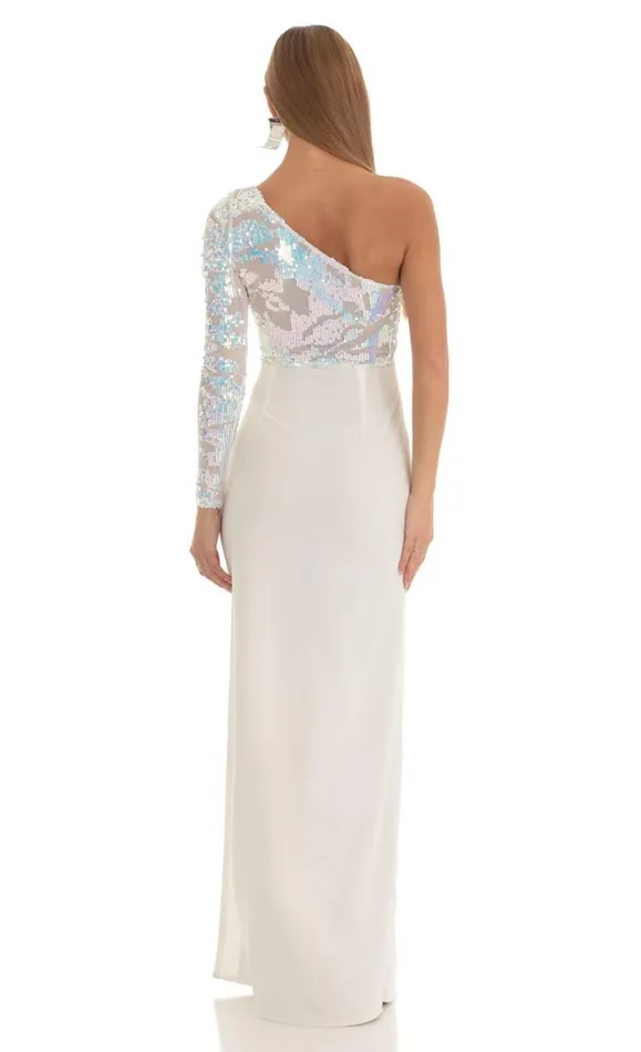 Iridescent Sequin One Shoulder Maxi Dress White Women LUCY IN THE SKY Maxi Dresses Iridescent Sequin One Shoulder Maxi Dress White Women LUCY IN THE SKY Maxi Dresses