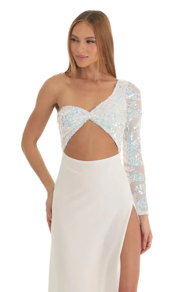 Iridescent Sequin One Shoulder Maxi Dress White Women LUCY IN THE SKY Maxi Dresses Iridescent Sequin One Shoulder Maxi Dress White Women LUCY IN THE SKY Maxi Dresses