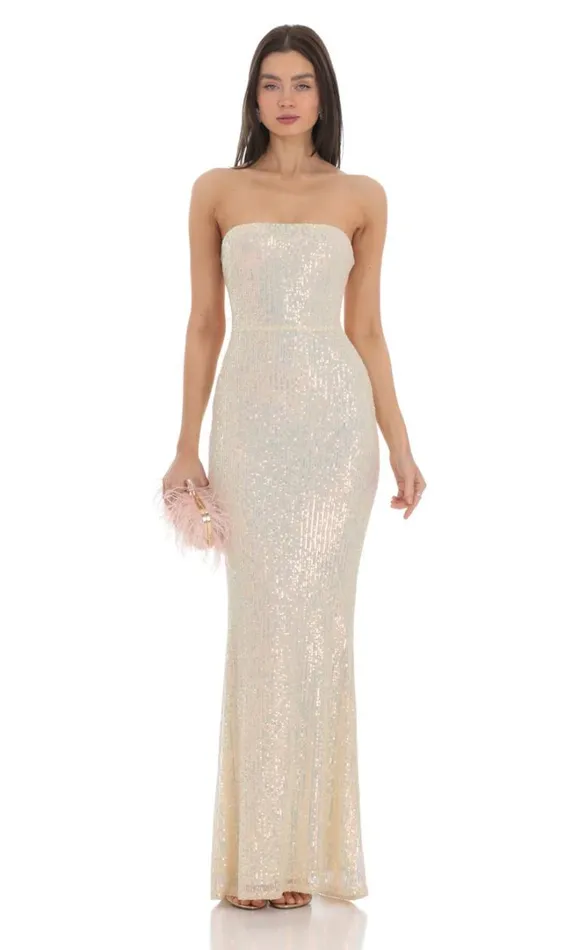 Iridescent Sequin Strapless Maxi Dress Champagne Women LUCY IN THE SKY Maxi Dresses Iridescent Sequin Strapless Maxi Dress Champagne Women LUCY IN THE SKY Maxi Dresses