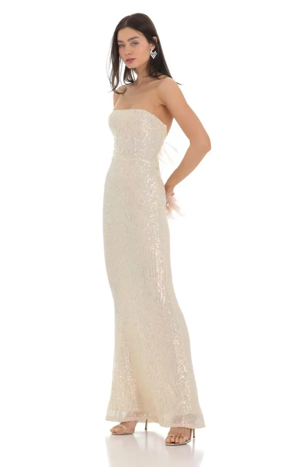 Iridescent Sequin Strapless Maxi Dress Champagne Women LUCY IN THE SKY Maxi Dresses Iridescent Sequin Strapless Maxi Dress Champagne Women LUCY IN THE SKY Maxi Dresses