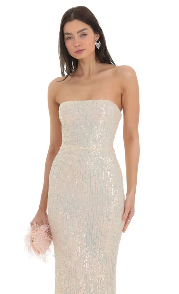 Iridescent Sequin Strapless Maxi Dress Champagne Women LUCY IN THE SKY Maxi Dresses Iridescent Sequin Strapless Maxi Dress Champagne Women LUCY IN THE SKY Maxi Dresses