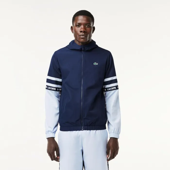 Jackets and Coats Men Lacoste Men039s Logo Stripe Tennis Jacket Navy Blue Light Blue Wb3