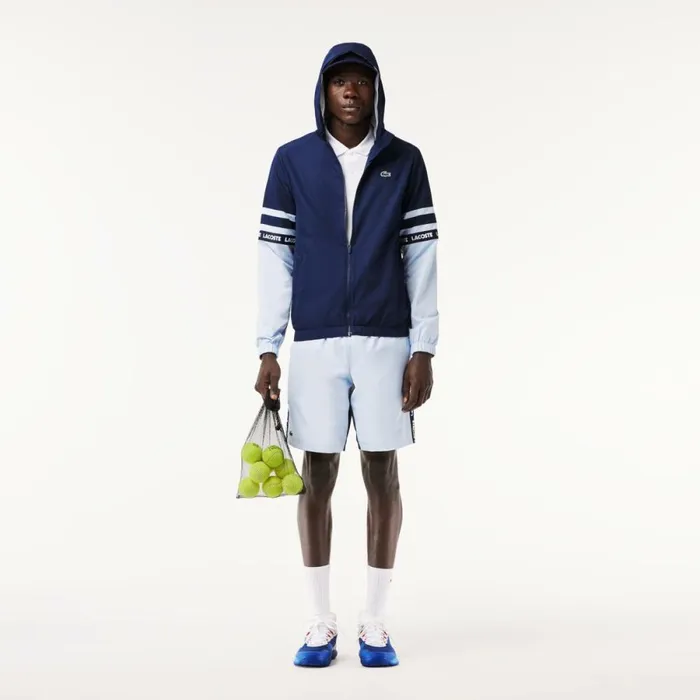 Jackets and Coats Men Lacoste Men039s Logo Stripe Tennis Jacket Navy Blue Light Blue Wb3
