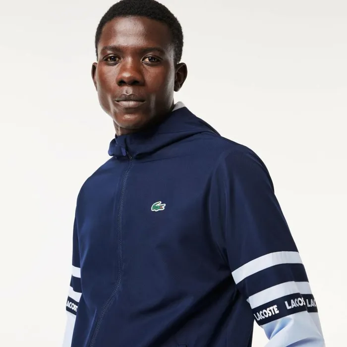 Jackets and Coats Men Lacoste Men039s Logo Stripe Tennis Jacket Navy Blue Light Blue Wb3